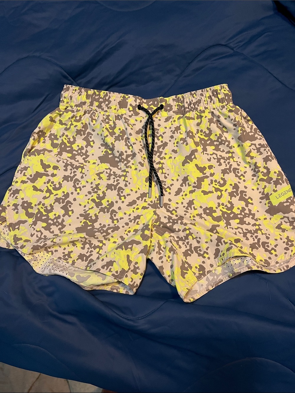 Men's Neon Yellow Camo Athletic Shorts with Black Drawcord